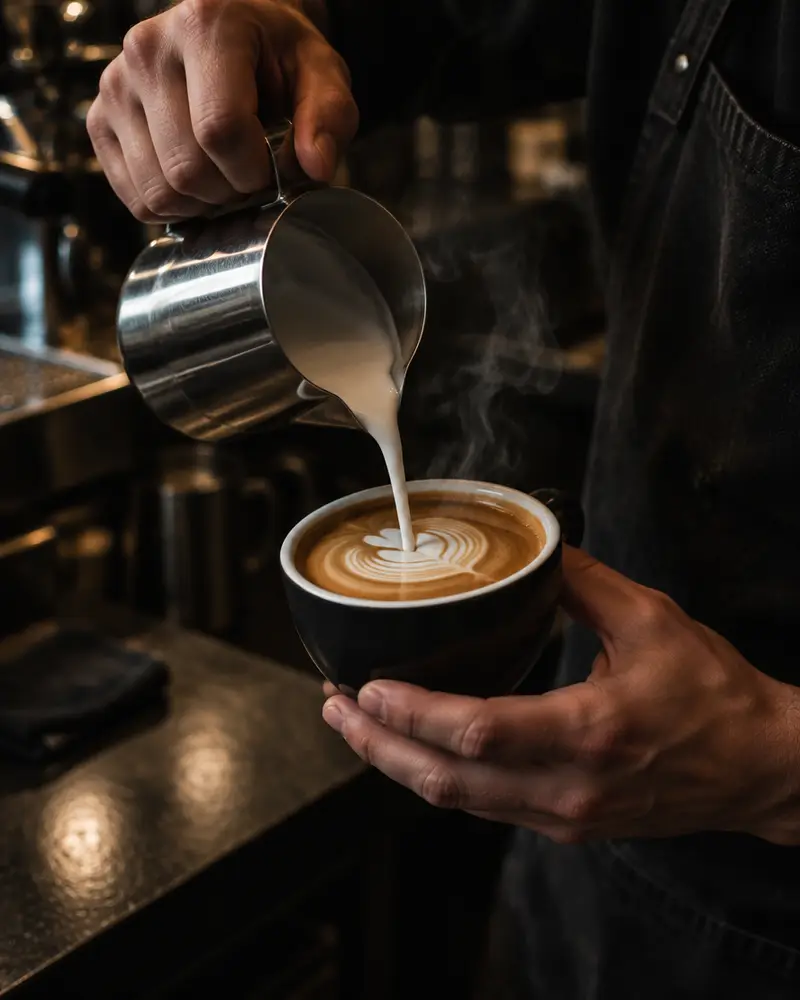 Barista sirviendo leche en un espresso