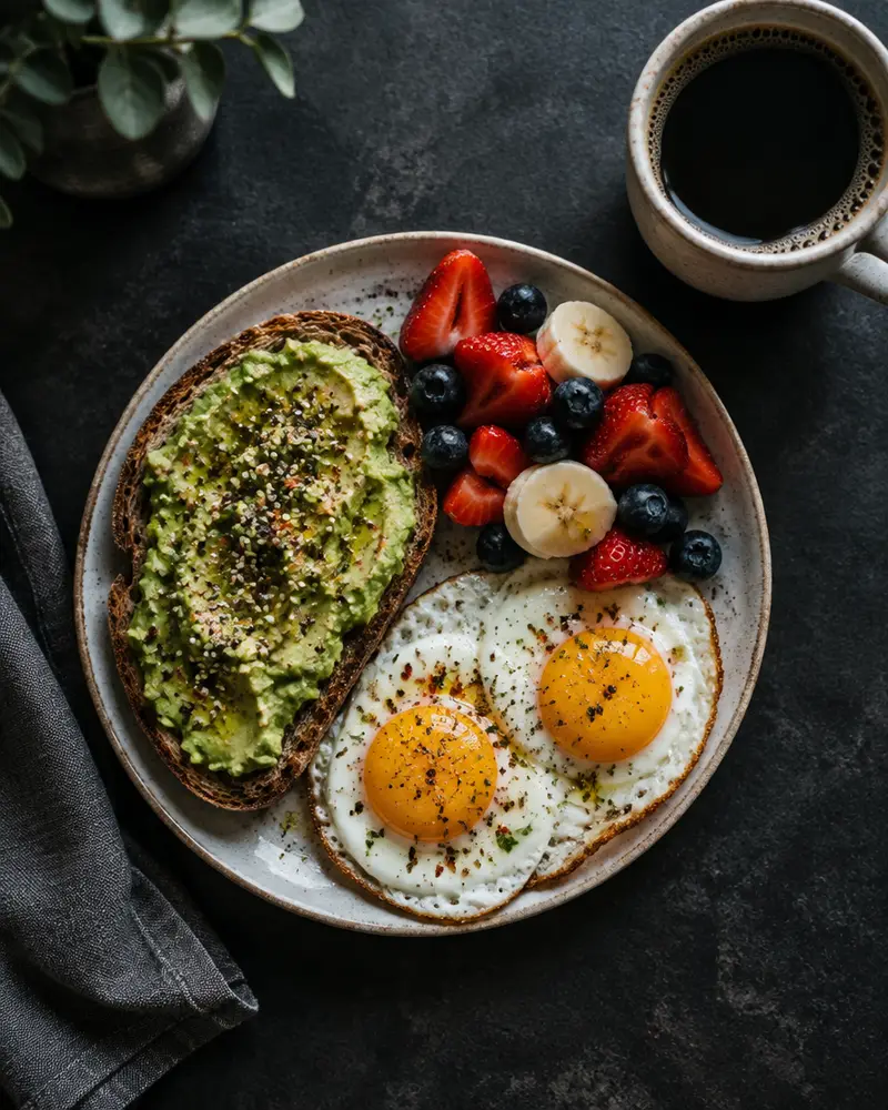 Desayuno con toast de aguacate, huevos y fruta