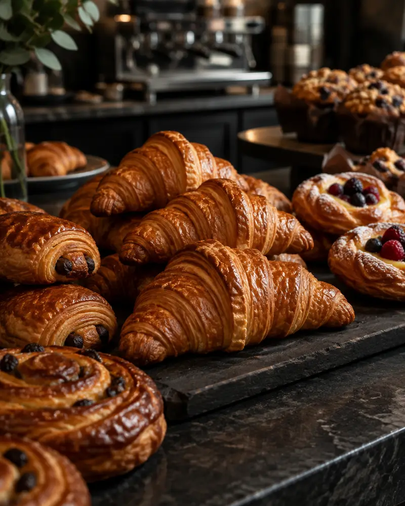Croissants y pan dulce recién horneados