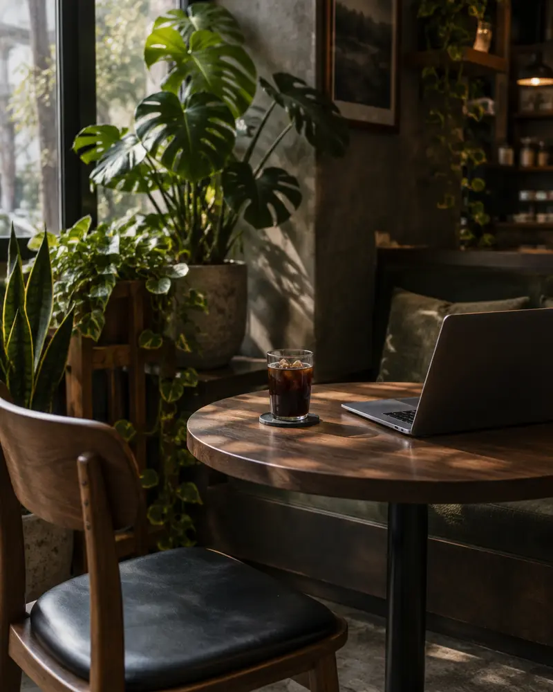 Rincón del café con plantas y mesa